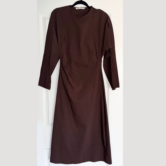 Zara Ruched Brown Midi Stretch Dress Long Sleeve FALL Sz Large - Picture 3 of 10